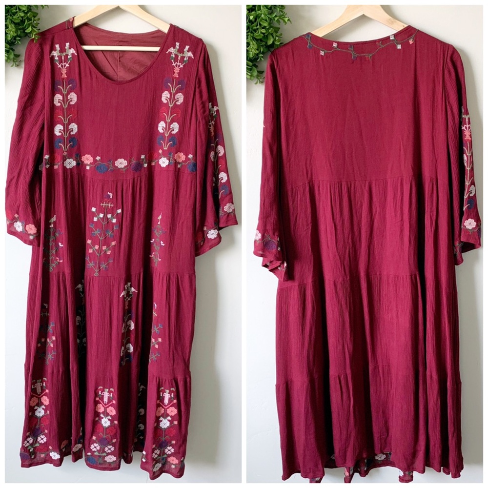 Boho Hippie Maroon Embroidered Tiered Flow Dress